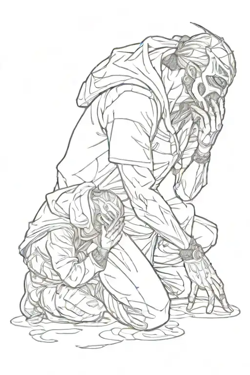 a man kneeling tears two masks from his face tattoo design idea