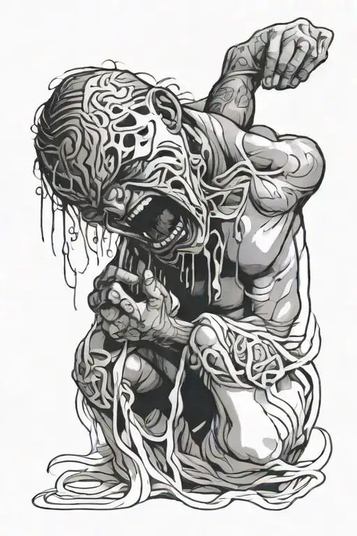 a man kneeling, screaming, tears masks off his face tattoo design idea