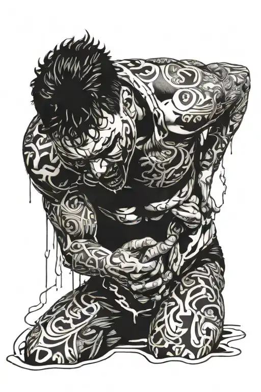 a man kneeling, screaming, tears masks off his face tattoo design idea
