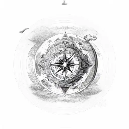 Yin and Yang with compass and lion tattoo design idea