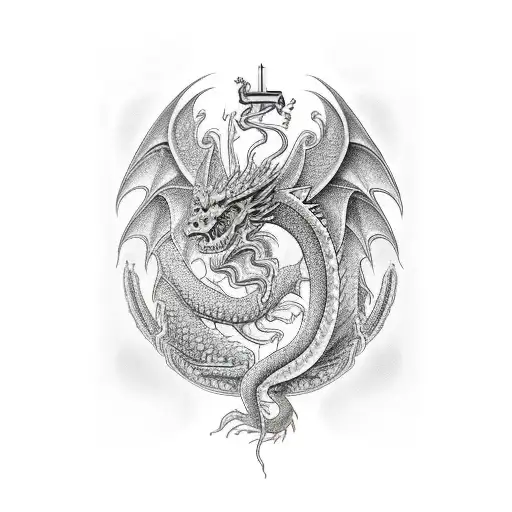 A majestic dragon with religious symbols incorporated into its scales tattoo design idea