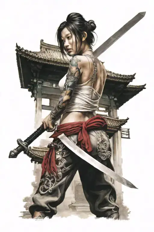woman with sword and chinese temple in the background tattoo design idea