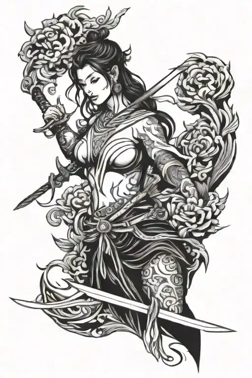 woman with sword and chinese temple tattoo design idea