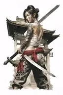 woman with sword and chinese temple in the background tattoo design idea