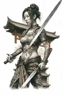 woman with sword and chinese temple in the background tattoo design idea