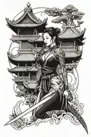 woman with sword and chinese temple in the background tattoo design idea