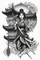 woman with sword and chinese temple in the background tattoo design idea