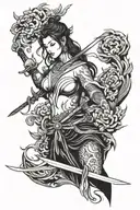 woman with sword and chinese temple tattoo design idea