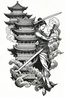 woman with sword and chinese temple tattoo design idea