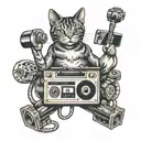 A tattoo featuring a cat playing with a cassette tape, with a weightlifting theme integrated into the design tattoo design idea