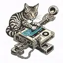 A tattoo featuring a cat playing with a cassette tape, with a weightlifting theme integrated into the design tattoo design idea