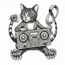 A tattoo featuring a cat playing with a cassette tape, with a weightlifting theme integrated into the design tattoo design idea