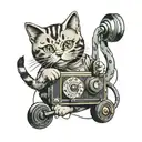 A tattoo featuring a cat playing with a cassette tape, with a weightlifting theme integrated into the design tattoo design idea