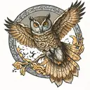 tragic owl flying tattoo design idea