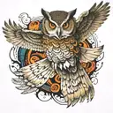 tragic owl flying tattoo design idea
