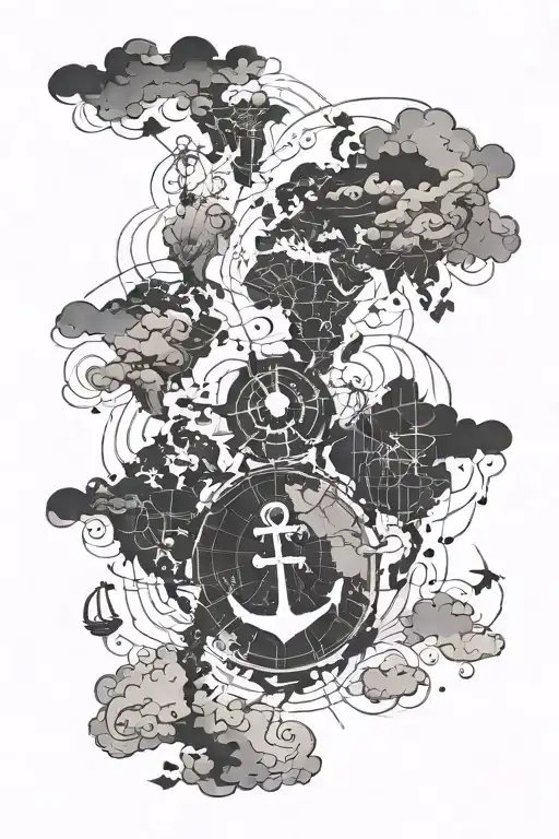 cloudy background black and white world map with direction and anchor in between tattoo design idea