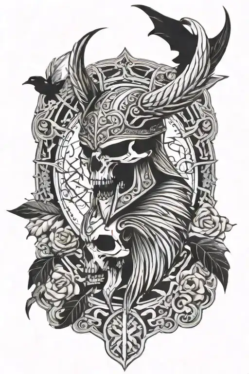 vikings thor oden raven skull surrounded tattoo design idea