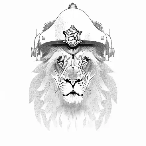A powerful lion with a firefighter helmet and axe tattoo design idea