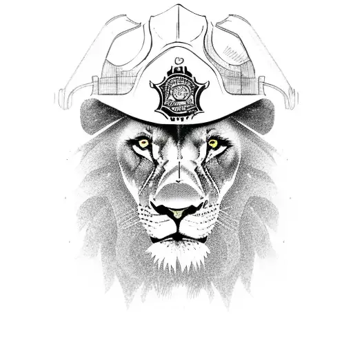 A powerful lion with a firefighter helmet and axe tattoo design idea