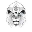 A powerful lion with a firefighter helmet and axe tattoo design idea