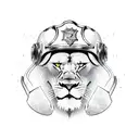 A powerful lion with a firefighter helmet and axe tattoo design idea