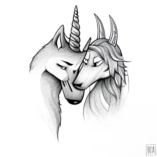 a unicorn and a wolf loving each other  tattoo design idea