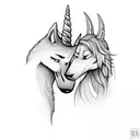 a unicorn and a wolf loving each other  tattoo design idea