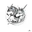 a unicorn and a wolf loving each other  tattoo design idea