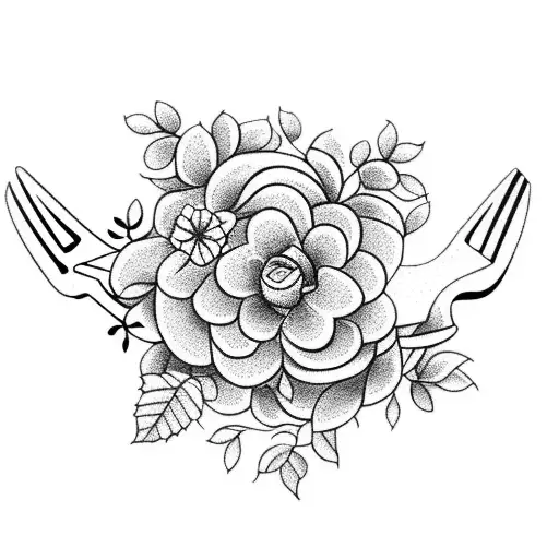 A whimsical blackwork tattoo of a fork and spoon intertwined with vines and blooming flowers tattoo design idea