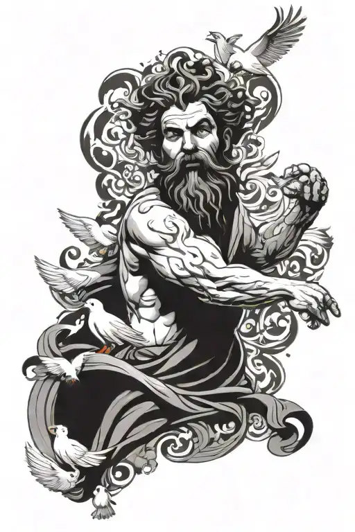 greek god with beard screaming with white doves flying around him tattoo design idea