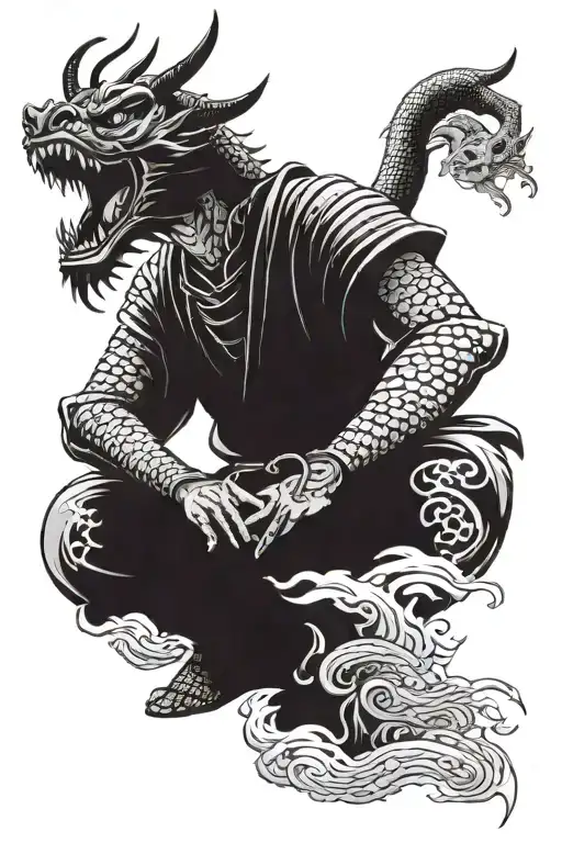 Samurai warrior meditating in front of a Japanese temple, with a dragon coiled around him tattoo design idea