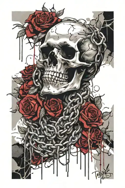 male  skull and roses wrapped in chains and vines   tattoo design idea