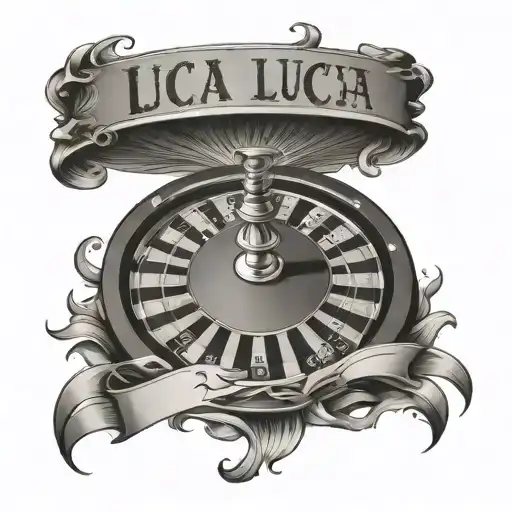 half roulette wheel to symbolize chance with the word Luca tattoo design idea