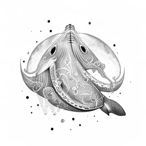 huncback whale covered with molluscs and seaweed tattoo design idea