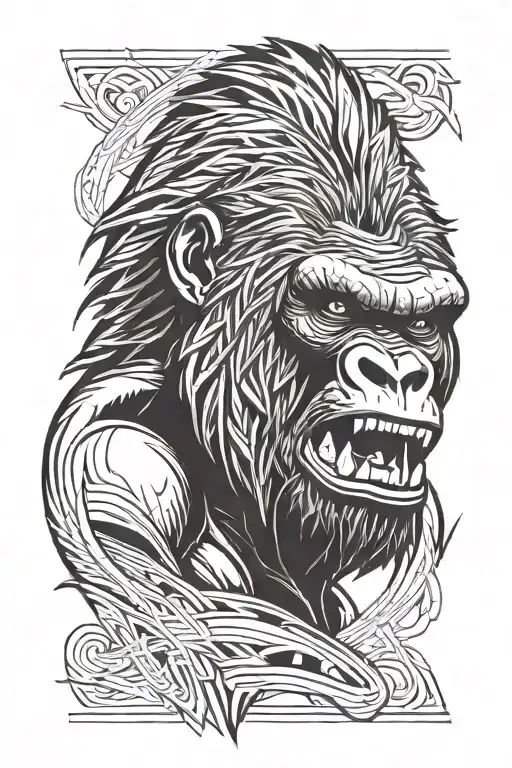 portrait of raging gorilla with mouth fully open and gazing straight. thin lines tattoo design idea