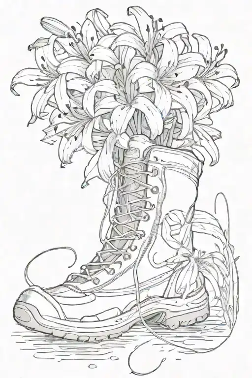 A sketch of a hiking boot stepping on a spider lily flower in the rain tattoo design idea