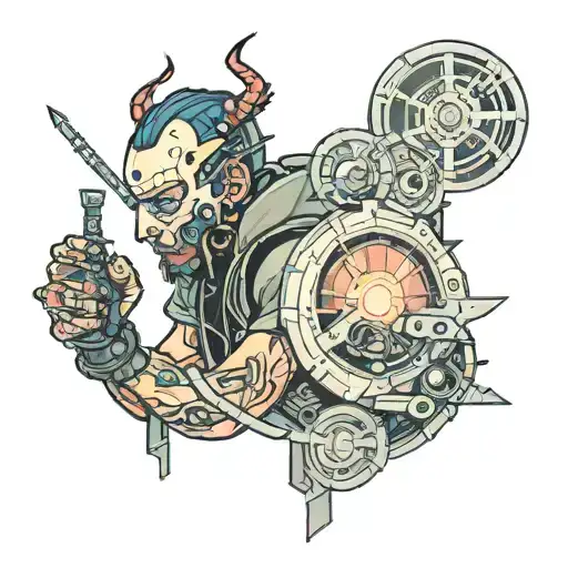 cyberpunk man at the crossroads of peace and chaos tattoo design idea