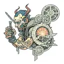 cyberpunk man at the crossroads of peace and chaos tattoo design idea