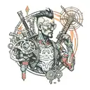 cyberpunk man at the crossroads of peace and chaos tattoo design idea