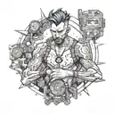 cyberpunk man at the crossroads of peace and chaos tattoo design idea