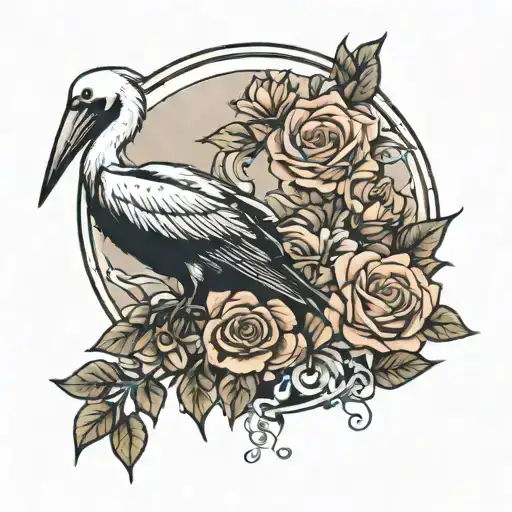 pelican and roses and hummingbird  tattoo design idea