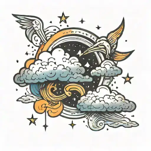 A rainbow cloud with celestial elements like stars and moons tattoo design idea
