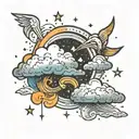 A rainbow cloud with celestial elements like stars and moons tattoo design idea