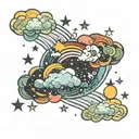 A rainbow cloud with celestial elements like stars and moons tattoo design idea