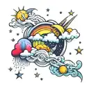 A rainbow cloud with celestial elements like stars and moons tattoo design idea