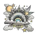 A rainbow cloud with celestial elements like stars and moons tattoo design idea