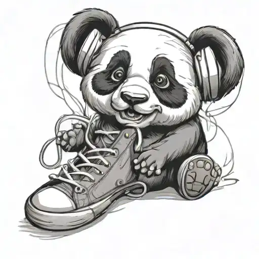 A panda wearing basketball sneakers and headphones, jamming out to music tattoo design idea