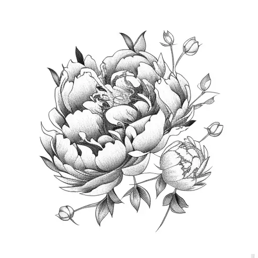 peony flowers with buds and leaves  tattoo design idea