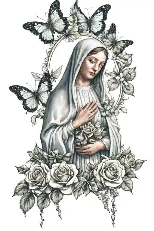 virgin mary holding roses and surrounded by flowers and butterflies  tattoo design idea