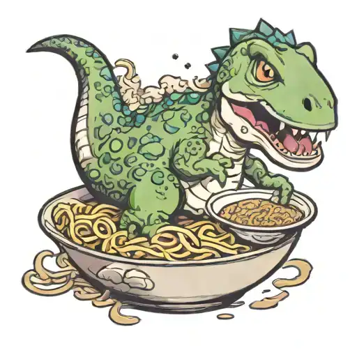 cute dinosaur eating from a bowl of ramen tattoo design idea